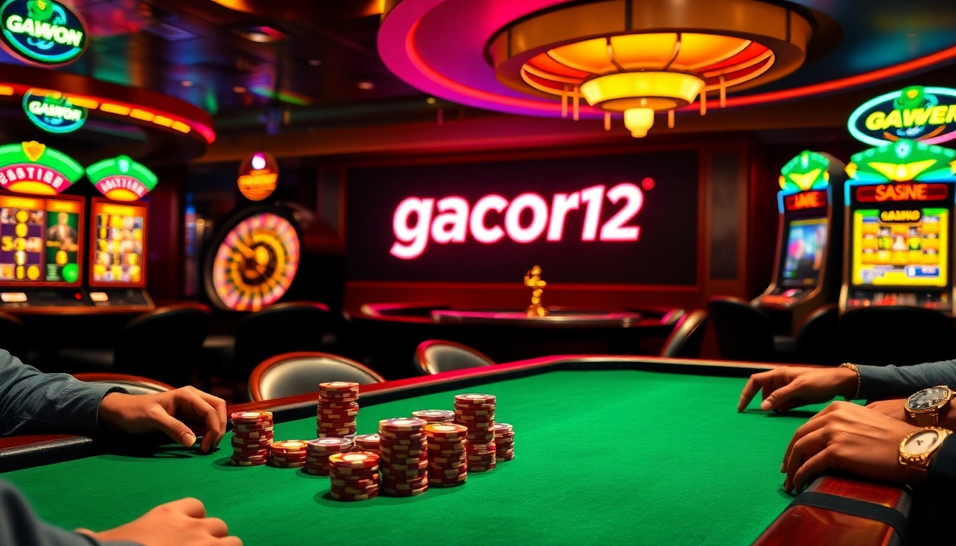 Gacor123 shines in a vibrant casino scene featuring players at a poker table, with a spinning roulette in the background.